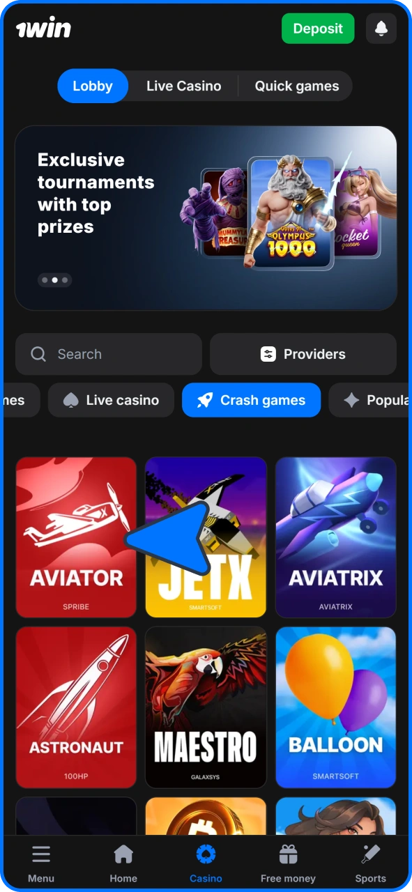 Search up for Aviator at 1win casino.